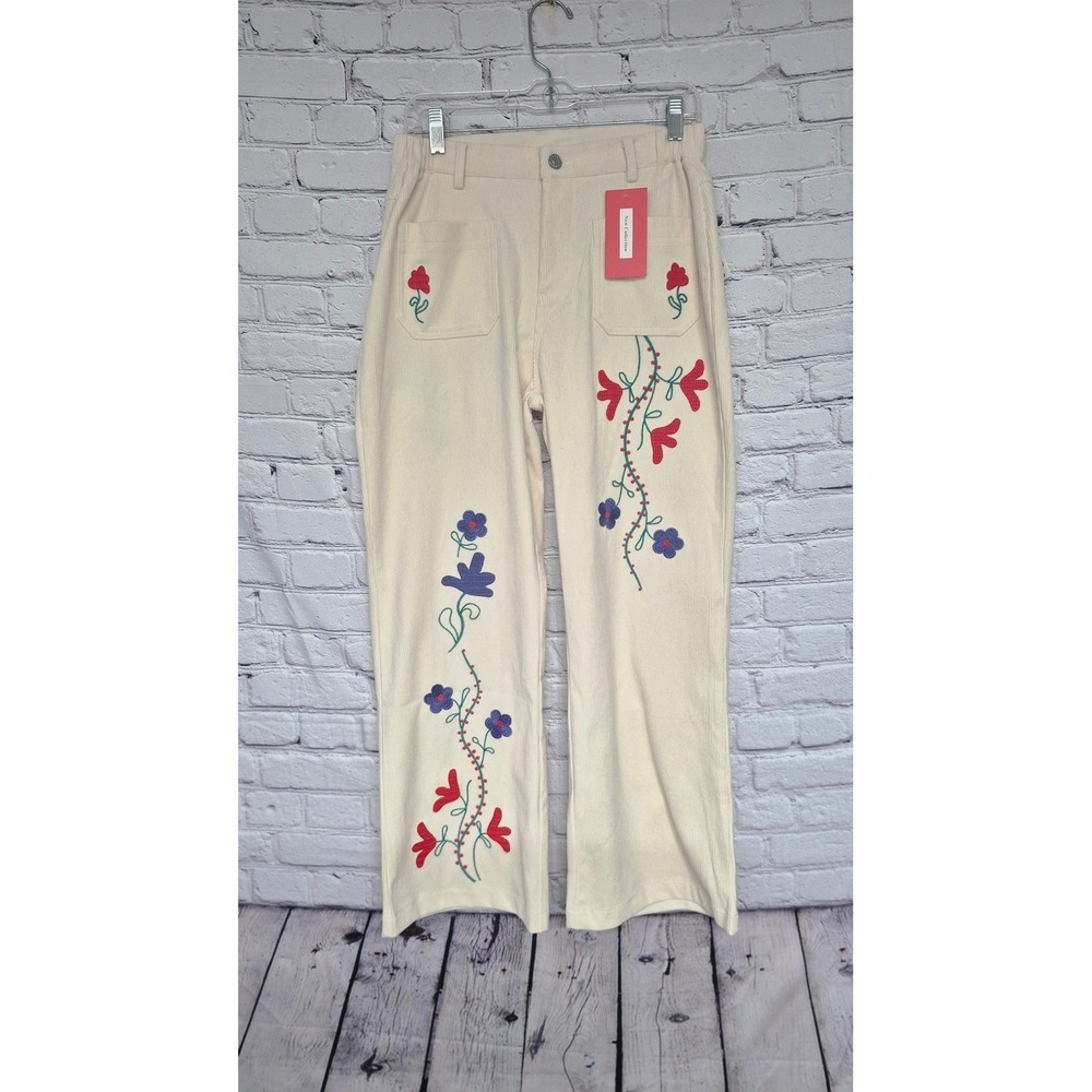 Floral Embroidered Corduroy Pants Cream Boho‎ Cottagecore Size M NWT - Picture 2 of 12